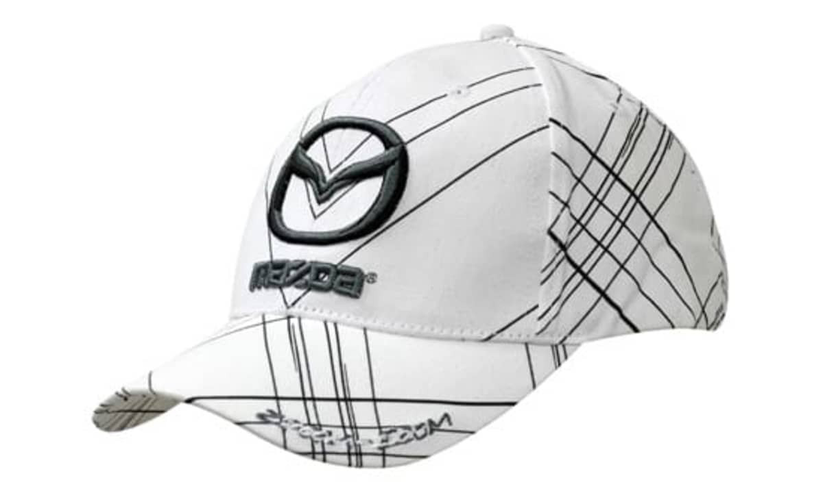 A white cap featuring all-over printed lines and a logo on the front.
