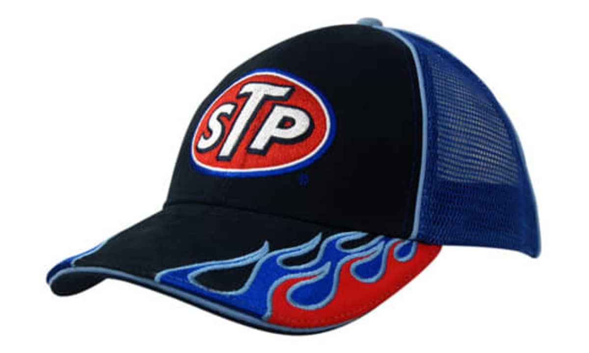 A black cap with a mesh back, blue piping, and flame embroidery on the peak, featuring a logo on the front.