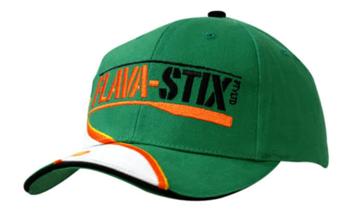 A green cap with white and orange trim and fabric inserts, featuring a logo on the front.