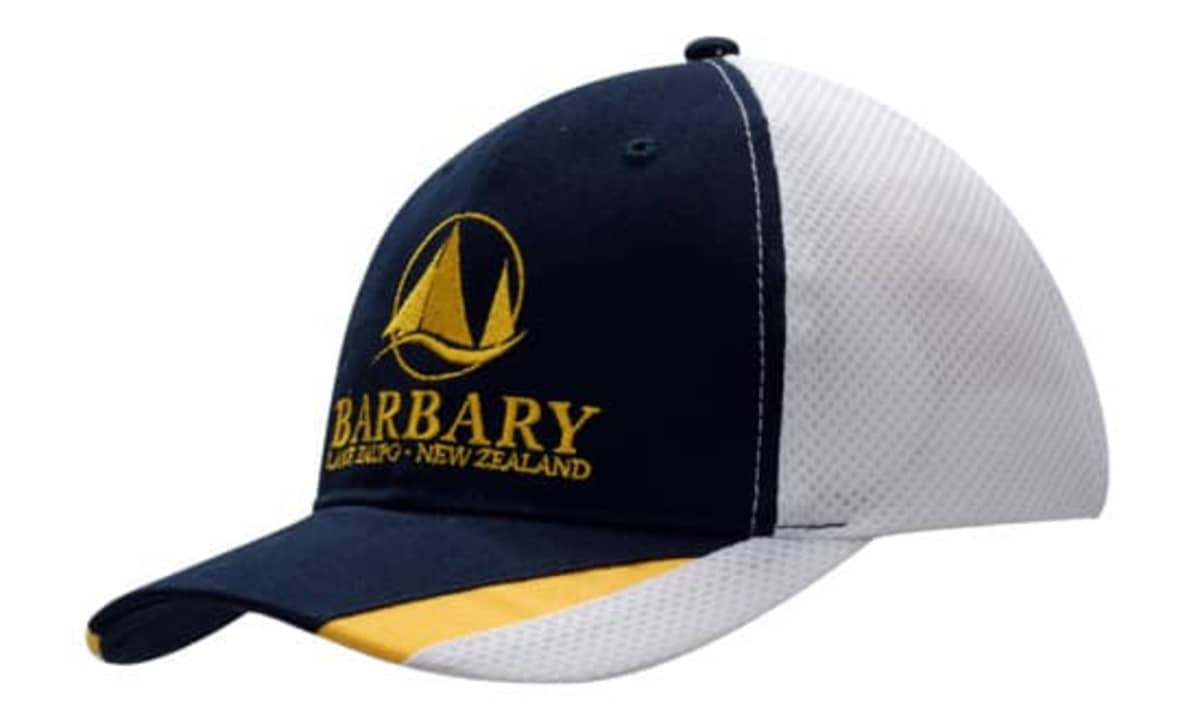 A navy and white cap featuring fabric and mesh inserts on the peak, with a logo embroidered on the front.