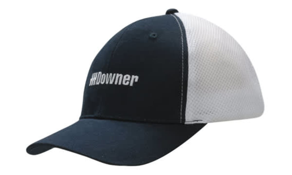 A navy blue cap with a white mesh back and a logo on the front.