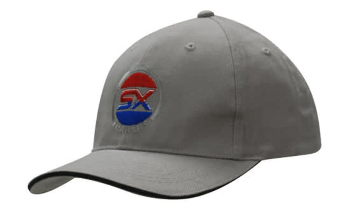 A grey cap with a structured design and a sandwich trim, featuring a logo on the front.