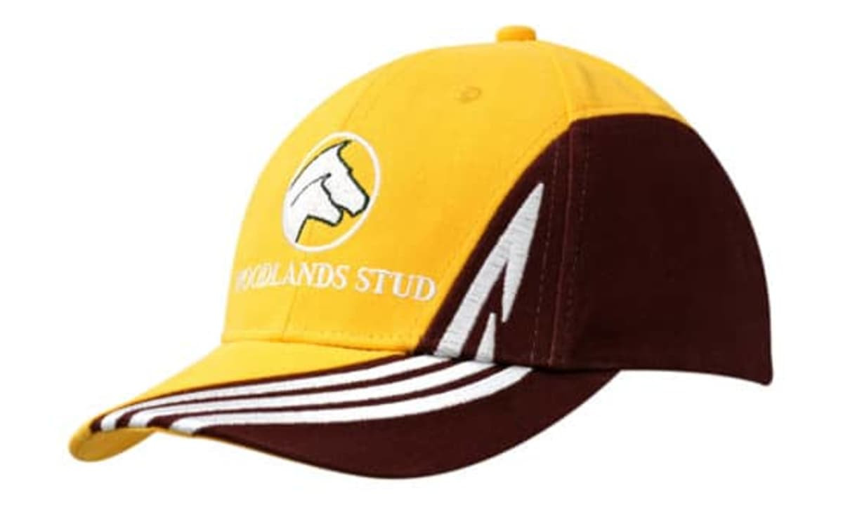A yellow and brown cap featuring an embroidered design and a logo, with a sporty peak and side stripes.