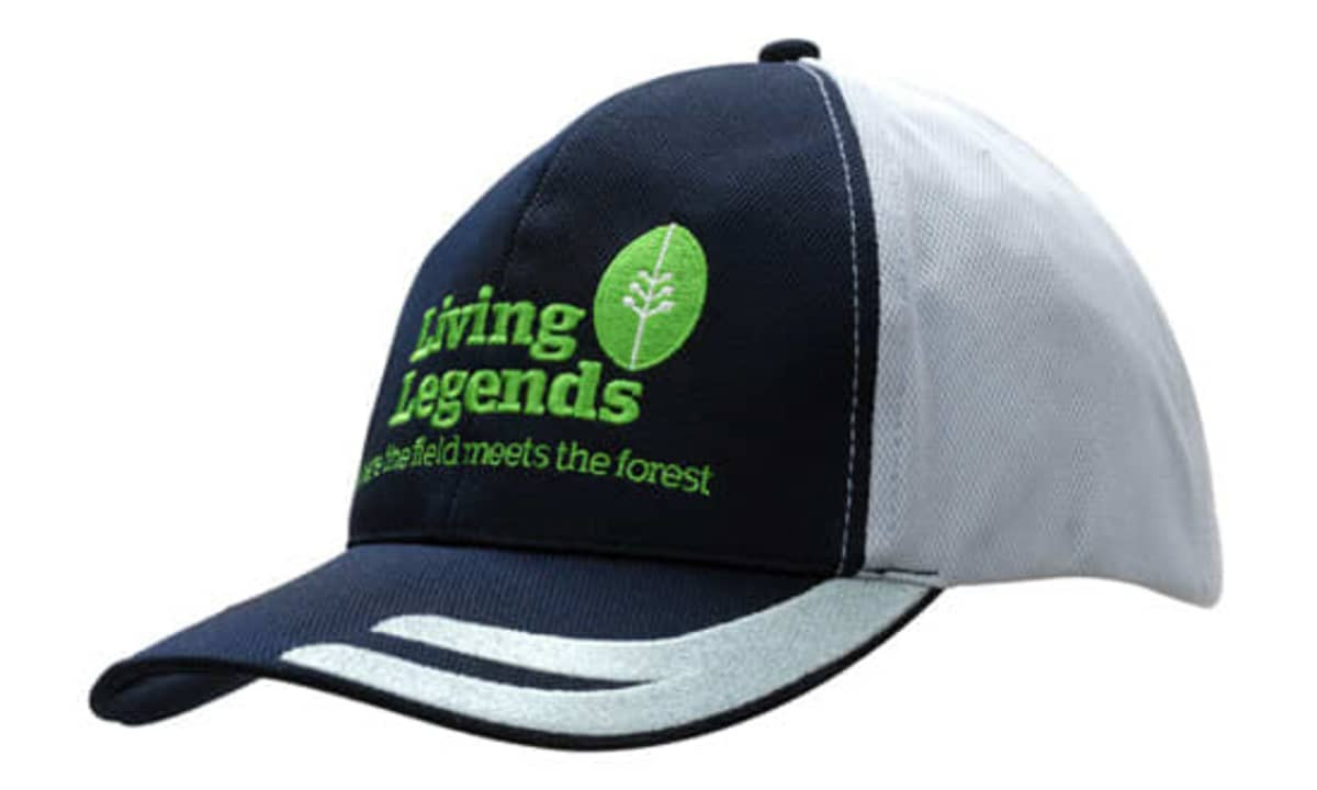 A navy and grey cap featuring an embroidered design and a logo on the peak. Made from brushed heavy cotton and cool dry fabric.