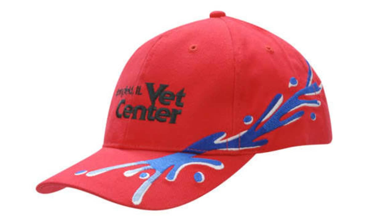 A red cap featuring splash embroidery on the crown and peak, with a logo on the front.