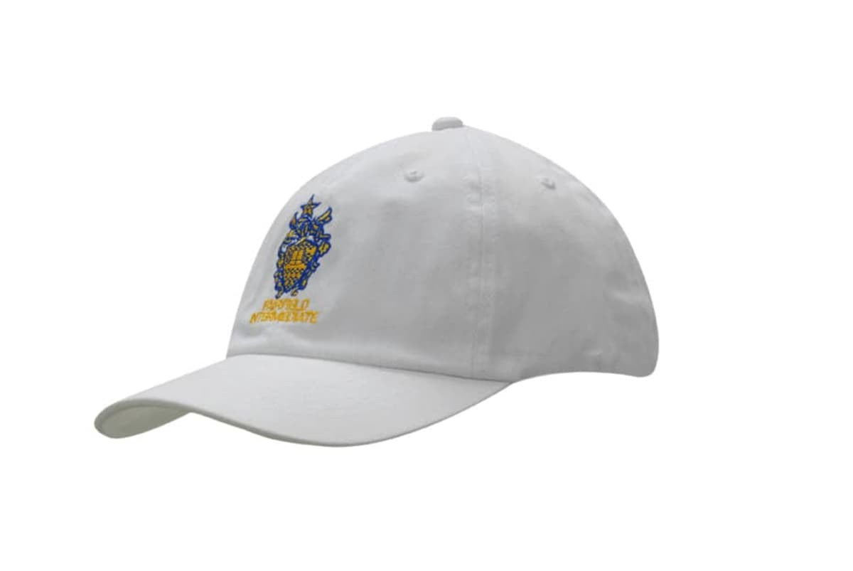 A white cap made of brushed heavy cotton with an embroidered logo on the front.