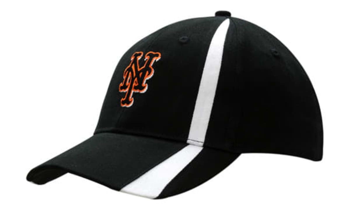 A black cap with white accents and a logo on the front. Features a fabric insert on the crown and peak.