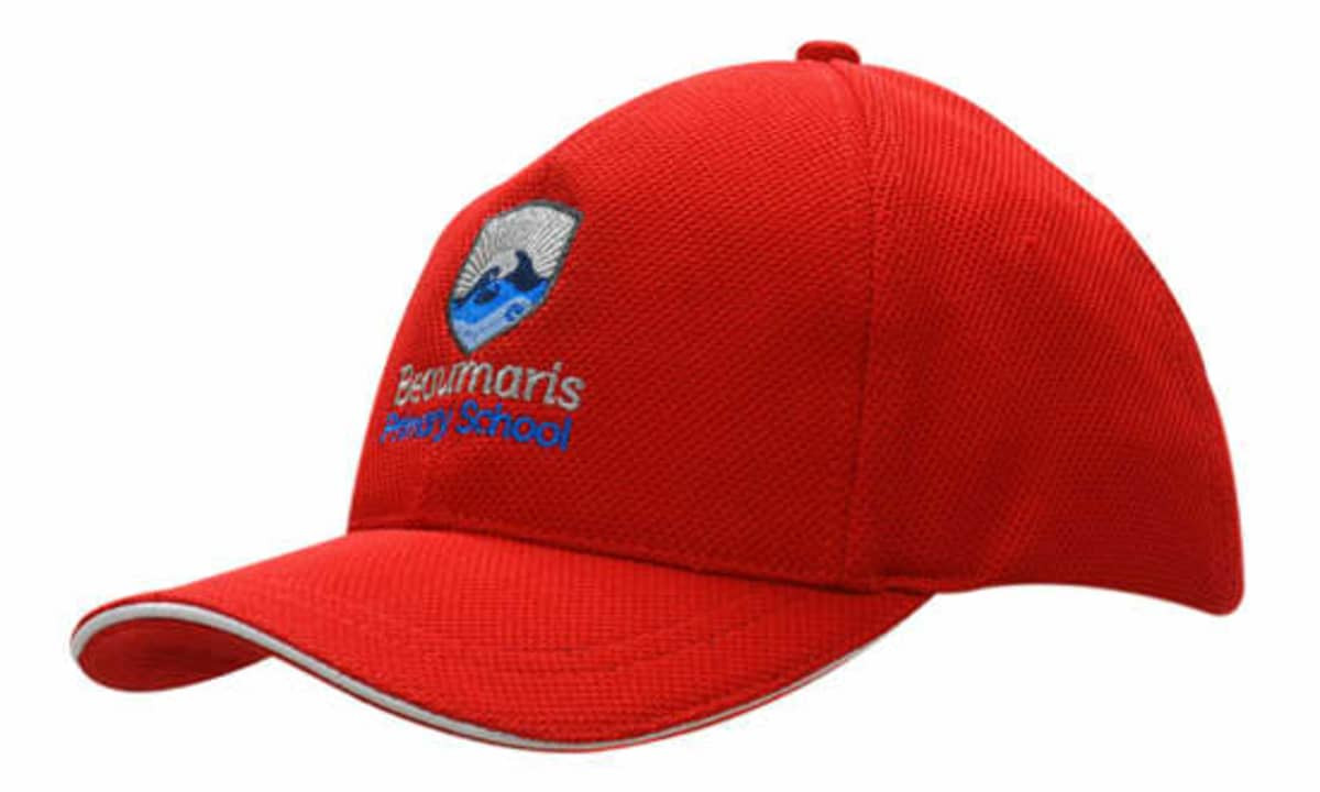 A red cap featuring a logo, with a sandwich trim on the brim and textured mesh material.
