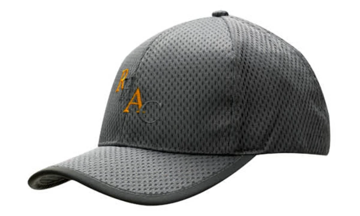 A grey waffle mesh cap with peak trim and an embroidered logo. The design features a breathable material.
