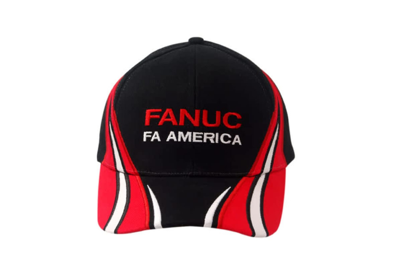 A black and red cap featuring fabric inserts and embroidery on the crown and peak, with a logo on the front. A black and red cap featuring fabric inserts and embroidery on the crown and peak, with a logo on the front.