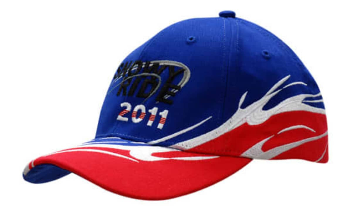 A blue cap with red peak and white wave inserts, featuring embroidery and a logo on the crown.