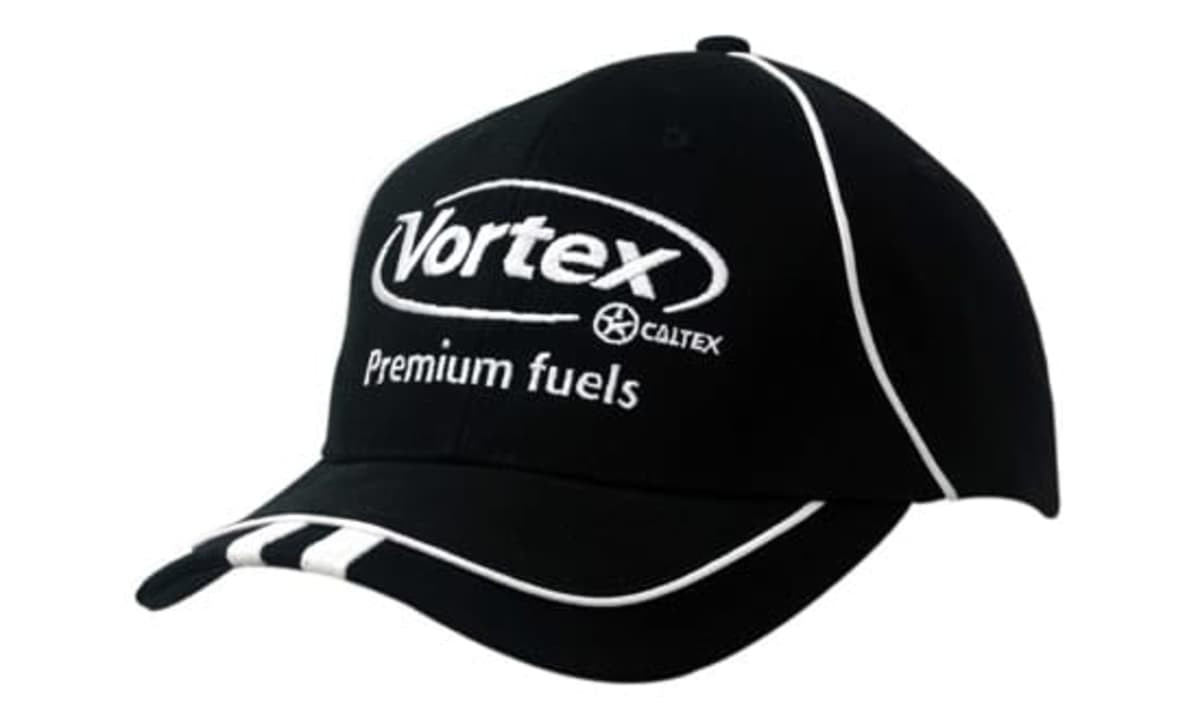 A black cap featuring piping on the crown and peak, with two fabric inserts on the peak and a logo.