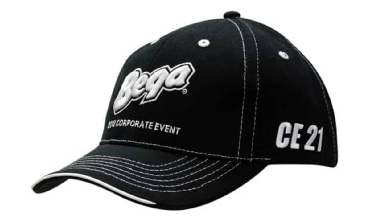 A black cap with contrast stitching and an embroidered logo, featuring a curved peak and adjustable strap.