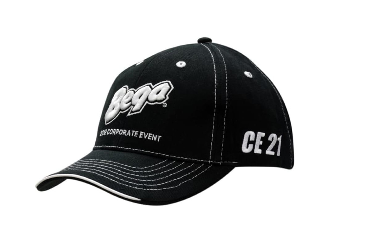 A black cap with a logo, open lip sandwich design, and contrast white stitching.