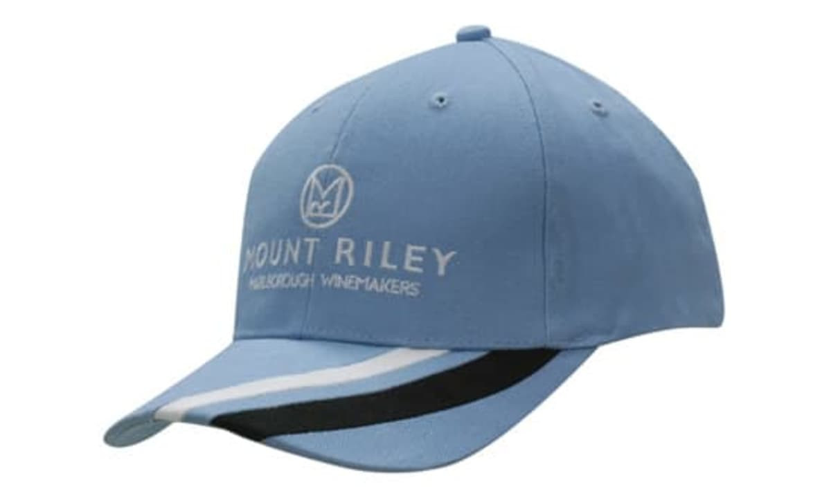 A blue cap with a fabric stripe on the peak and a logo on the front. It is made of brushed heavy cotton.