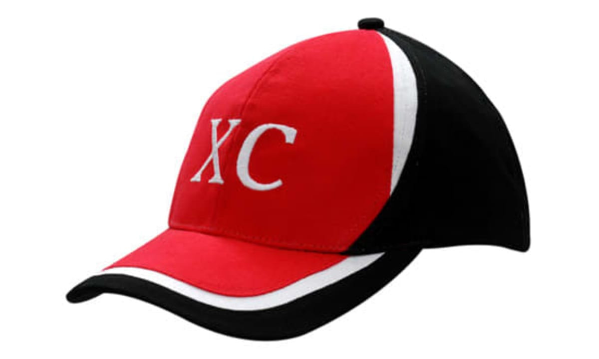 A red and black cap with white accents and a logo on the front. Features a structured crown and peak inserts.