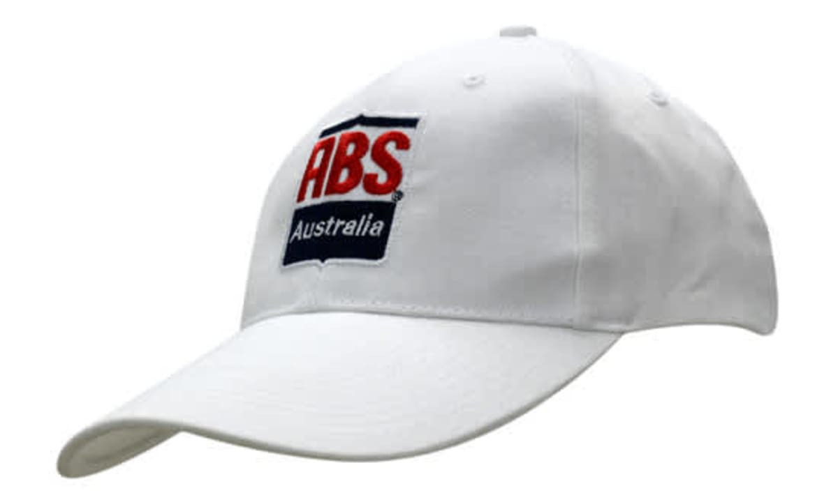 A white cap with an extra long peak and a logo on the front. Suitable for headwear.