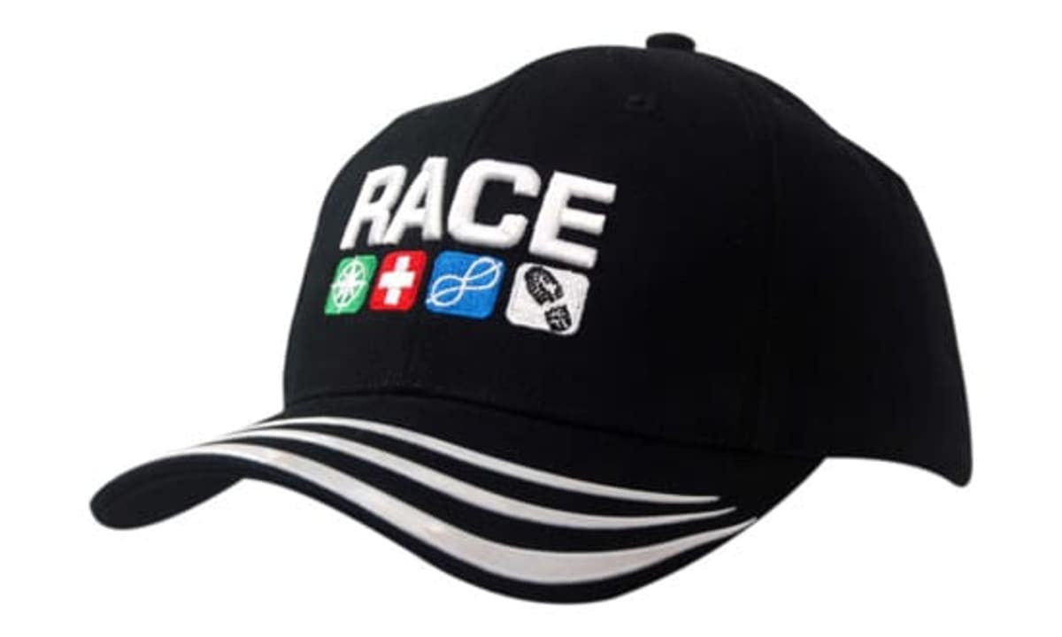 A black cap with white sonic weld lines, featuring an embroidered logo on the front.