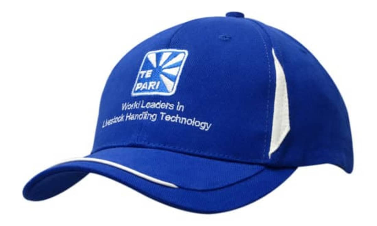 Blue cap featuring fabric inserts on the crown and an open sandwich peak, with a logo on the front.