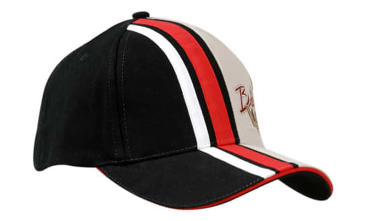 A cap featuring a brushed heavy cotton design with stripes in red, white, and beige on the crown and peak. It has a logo.