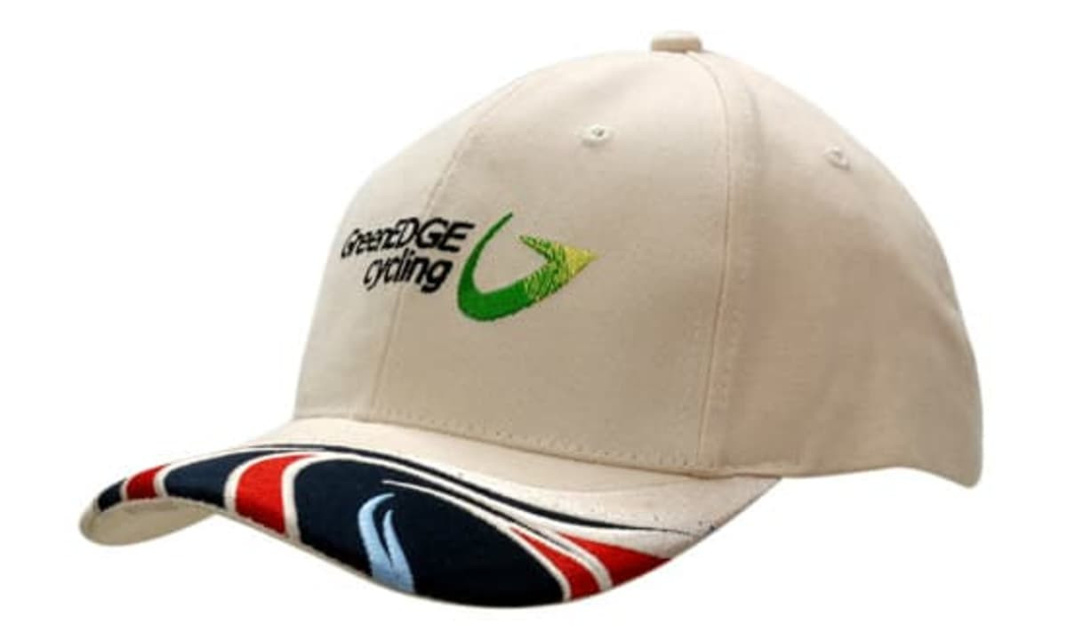 A beige cap featuring wave embroidery and a peak insert with a logo. The brim displays red, white, and blue colours.