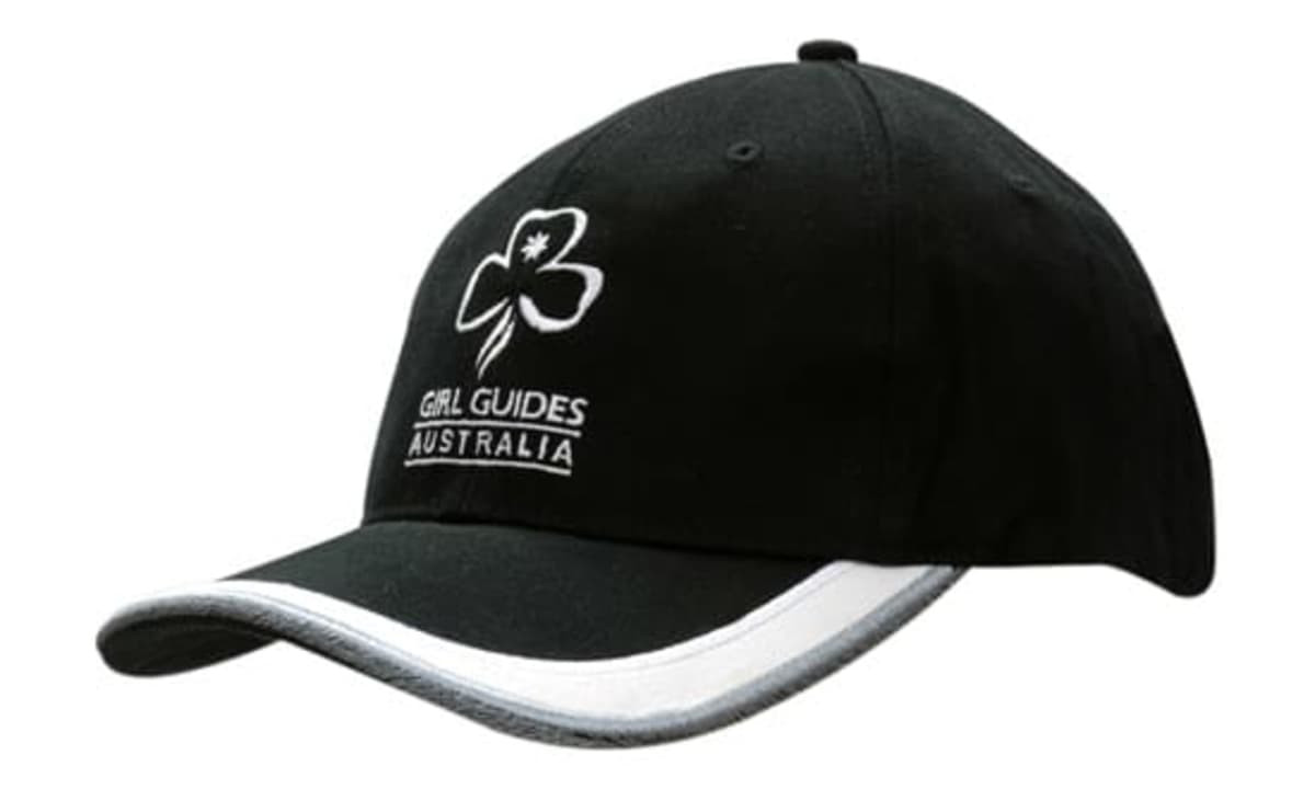 A black cap with a peak, featuring an embroidered logo and white detailing along the brim.