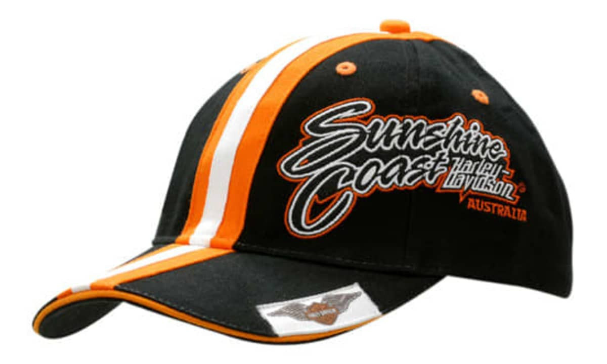 A black cap with orange stripes on the crown and peak, featuring a logo and embroidered text on the front.