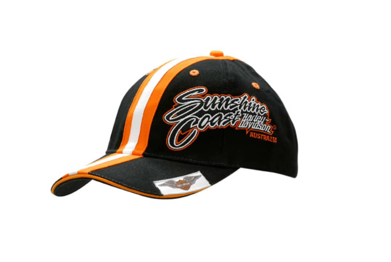 A black cap with orange sandwich trim and fabric stripes on the crown and peak, featuring a logo. A black cap with orange sandwich trim and fabric stripes on the crown and peak, featuring a logo.