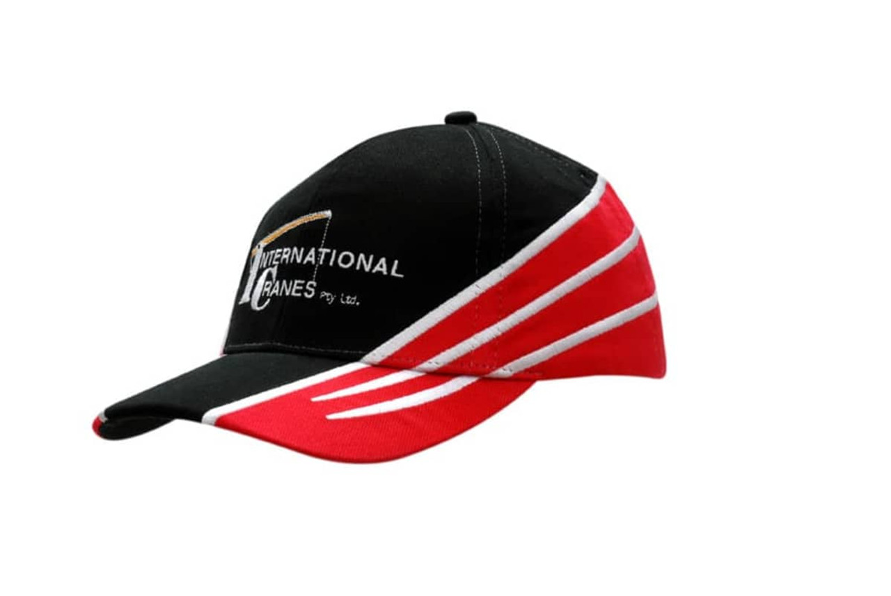 A black cap with red fabric inserts and embroidery on the crown and peak, featuring a logo on the front.