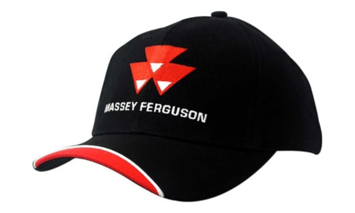 A black cap with a red and white peak, featuring a logo on the front and piping along the brim.