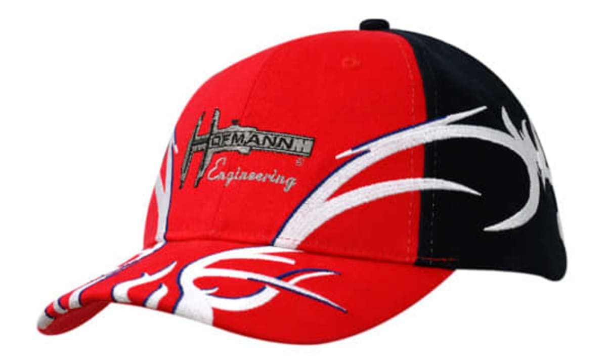 A red and black cap featuring flame embroidery on the crown and peak, with a logo on the front.