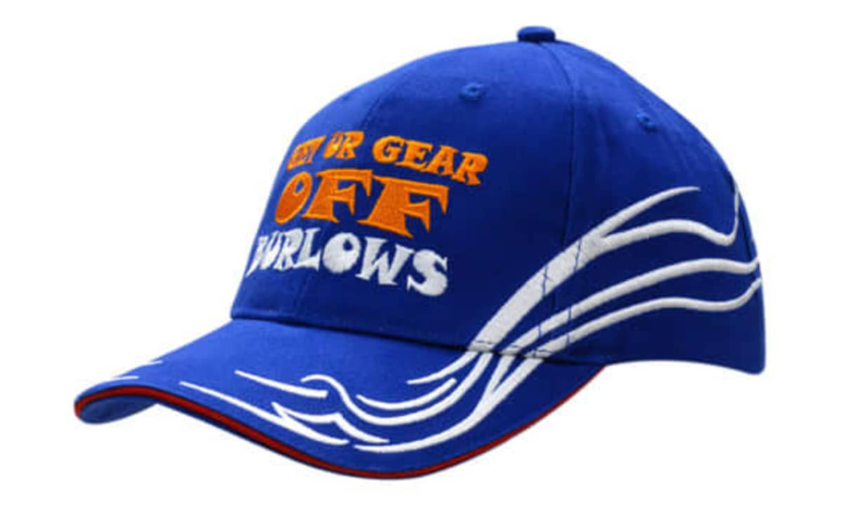A blue cap with white and orange embroidered patterns and a logo on the front and sides.