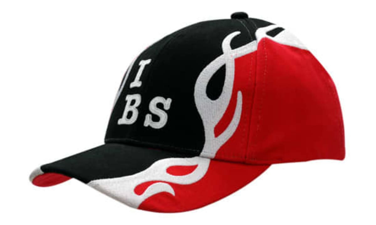 A black and red cap featuring flame embroidery on the crown and peak, with a logo on the front.