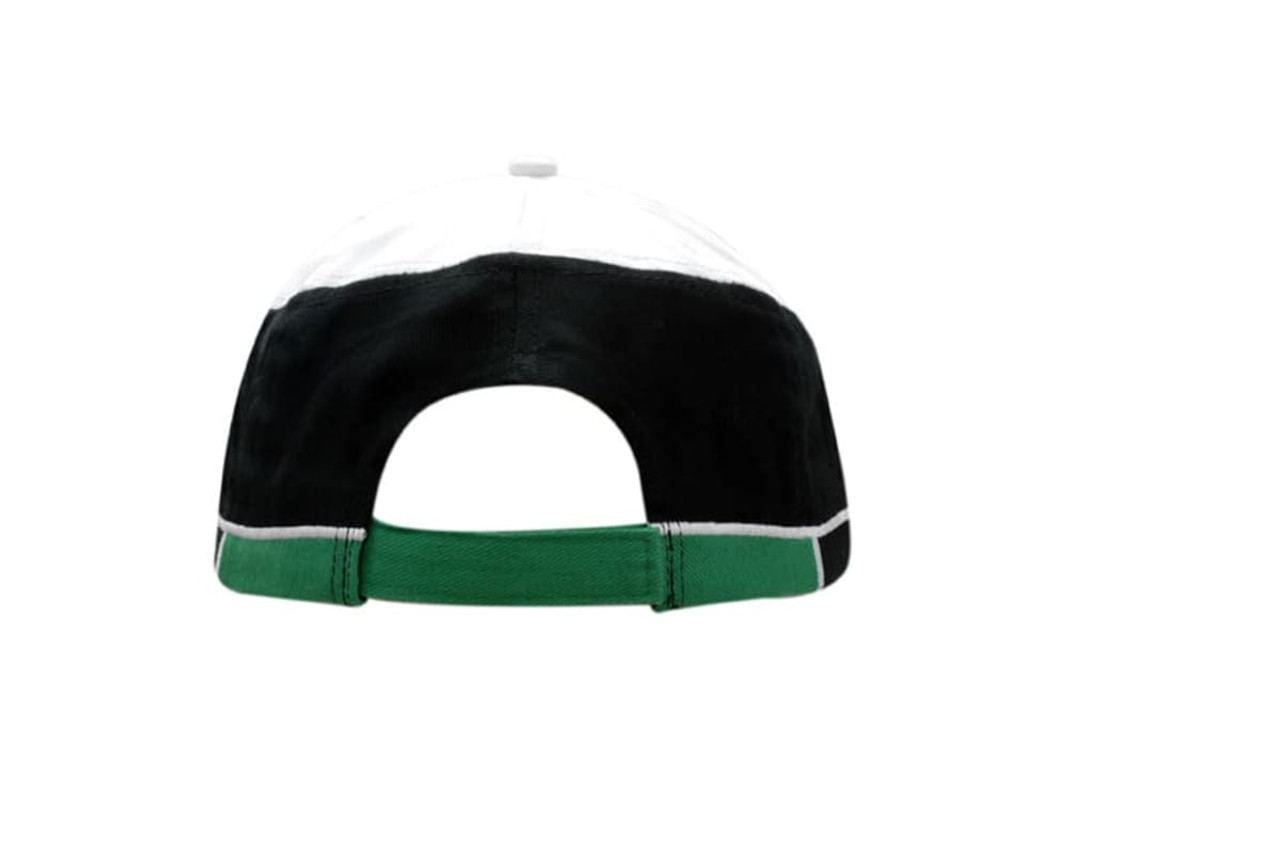 A black, white, and green brushed heavy cotton cap with crown inserts and embroidered lines. It features a logo. A black, white, and green brushed heavy cotton cap with crown inserts and embroidered lines. It features a logo.