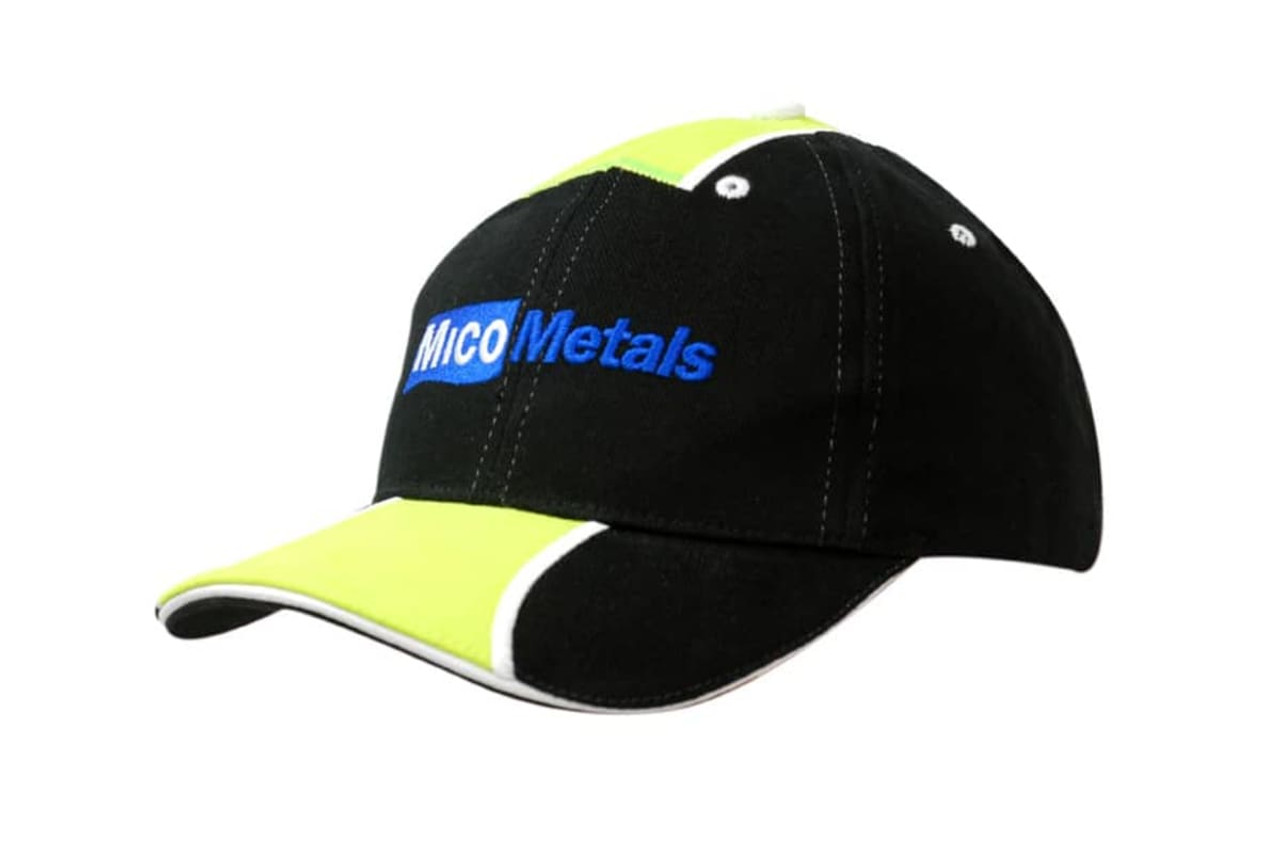 A black and neon yellow cap featuring fabric inserts on the crown and peak, with a logo on the front. A black and neon yellow cap featuring fabric inserts on the crown and peak, with a logo on the front.