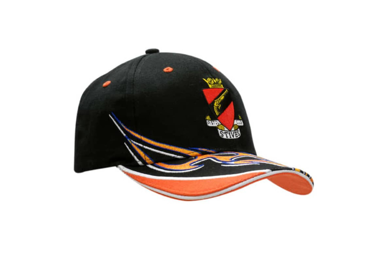 A black cap with orange peak, featuring flame embroidery and a logo on the front. A black cap with orange peak, featuring flame embroidery and a logo on the front.