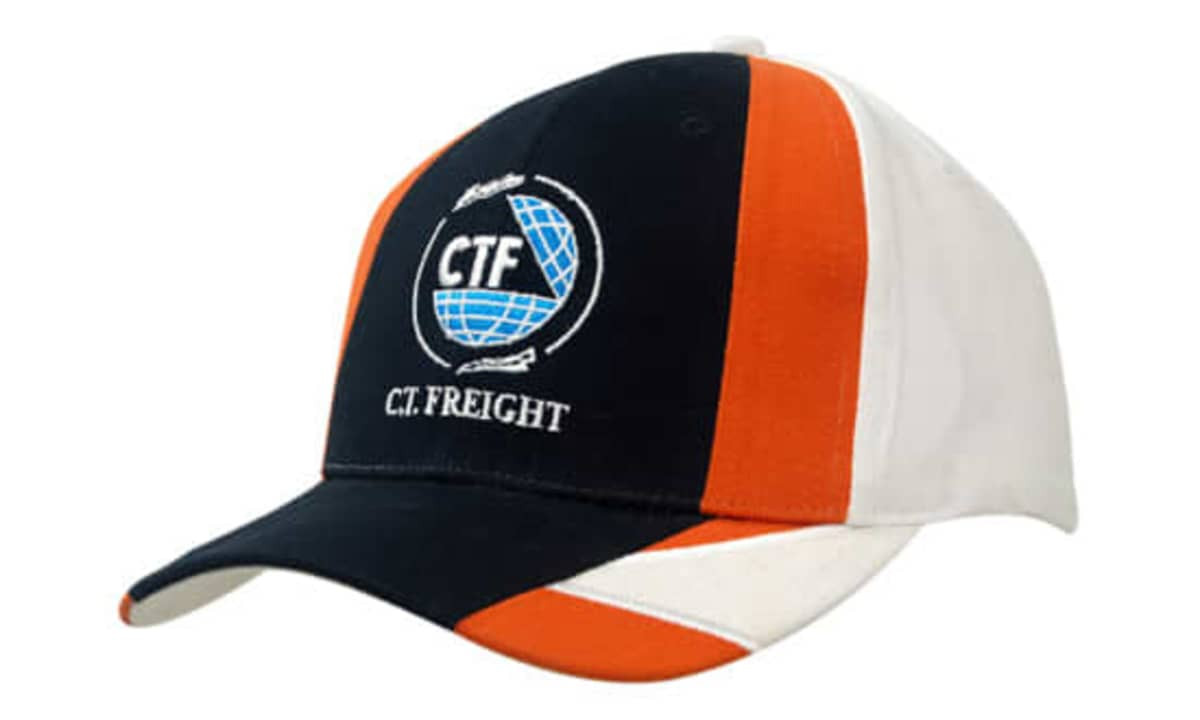 A cap featuring a navy, orange, and white design, with a logo embroidered on the front and panels in contrasting colours.
