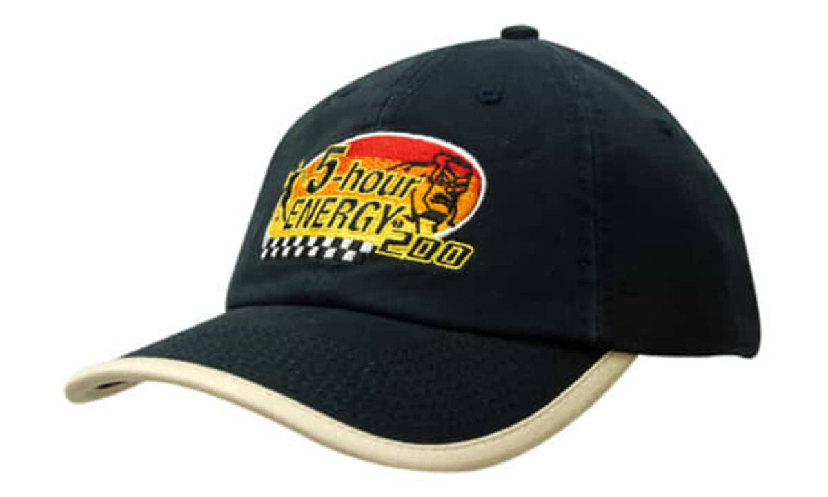 A navy cap with a cream peak trim and an embroidered logo on the front.