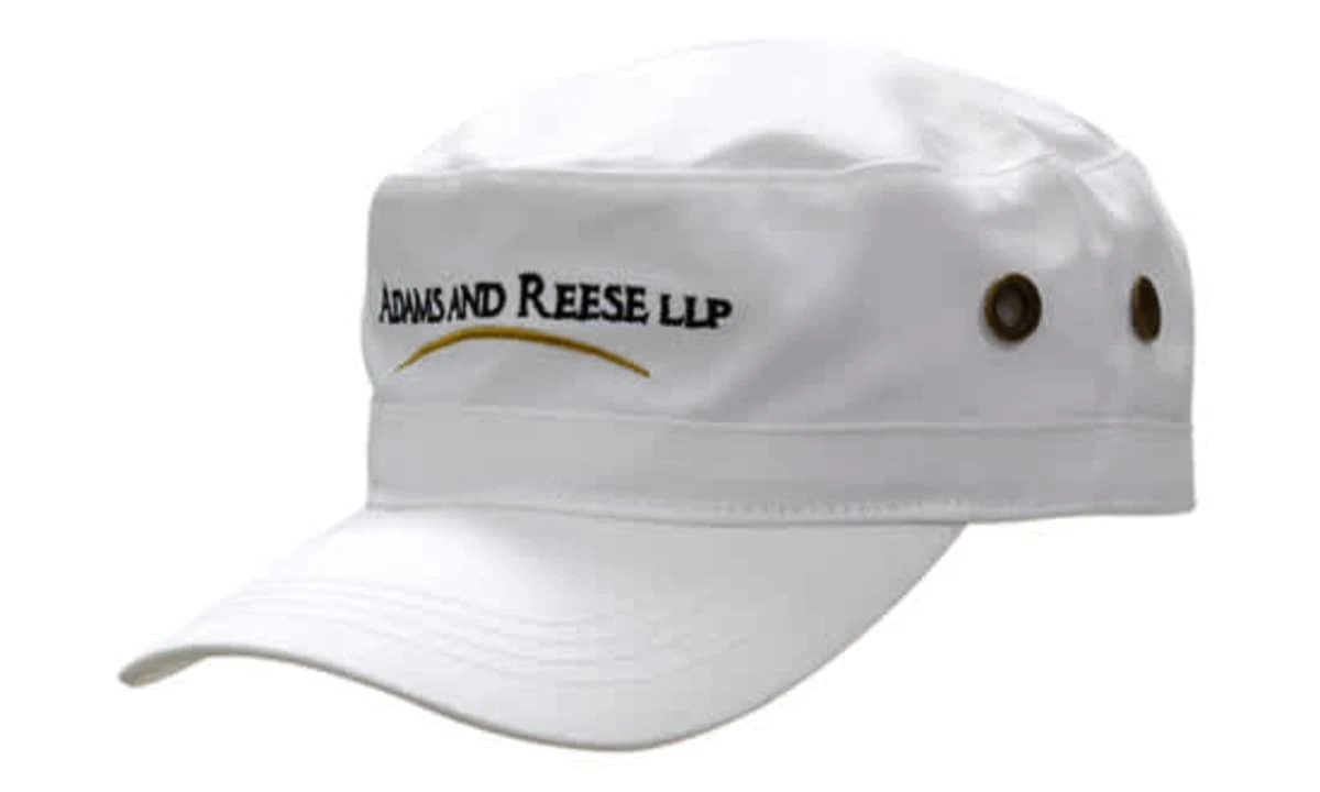 A white premium cotton twill military-style cap featuring a logo and decorative buttons on the side.