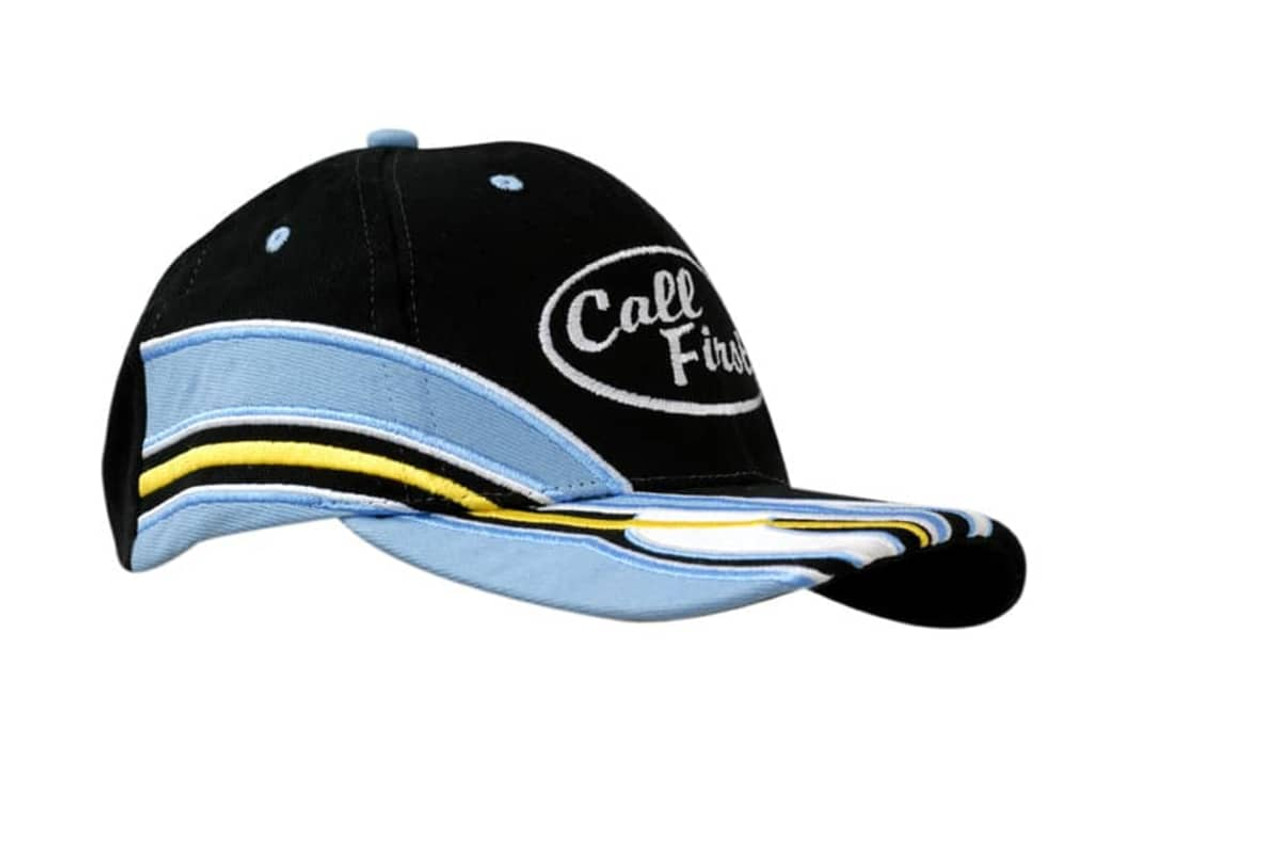 A black and light blue cap with embroidered detailing and a logo on the front. Features a curved peak. A black and light blue cap with embroidered detailing and a logo on the front. Features a curved peak.