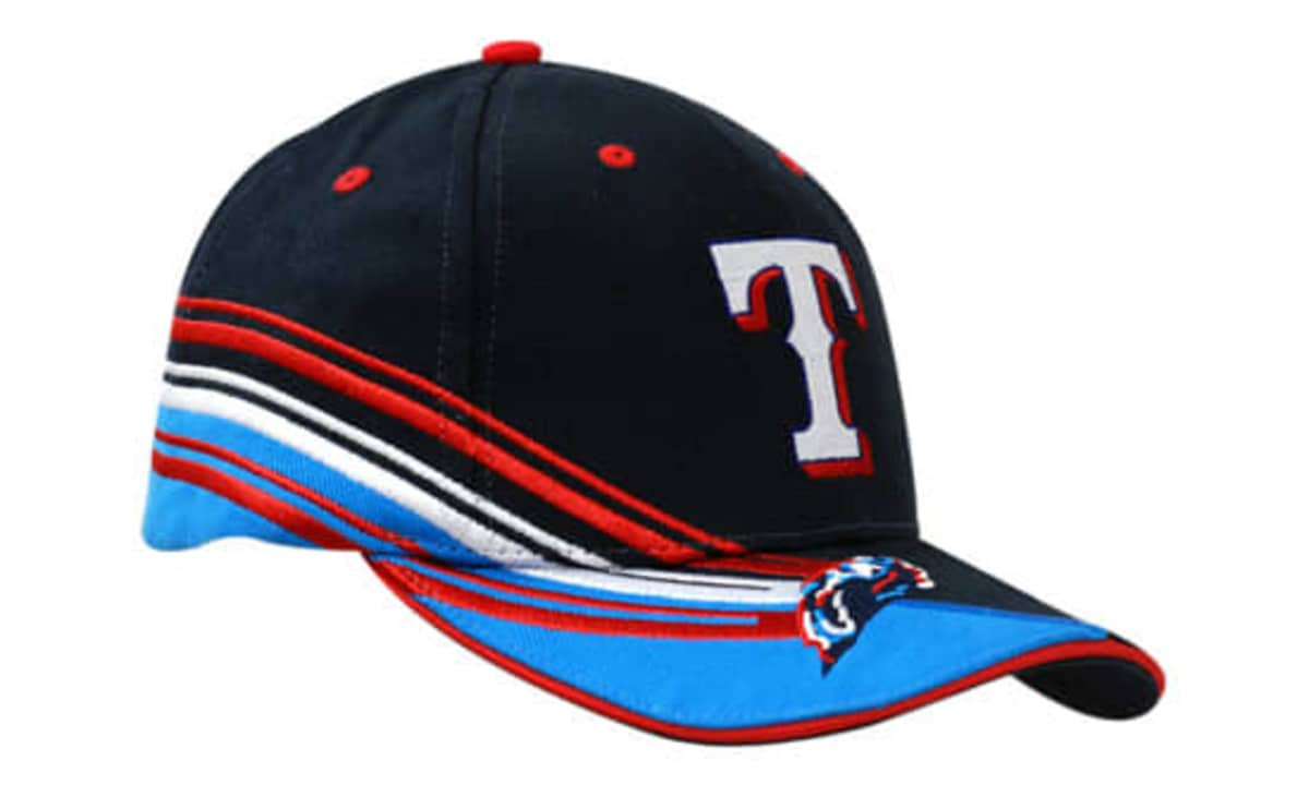 A navy cap featuring red and blue stripes with a peak and a logo on the front.