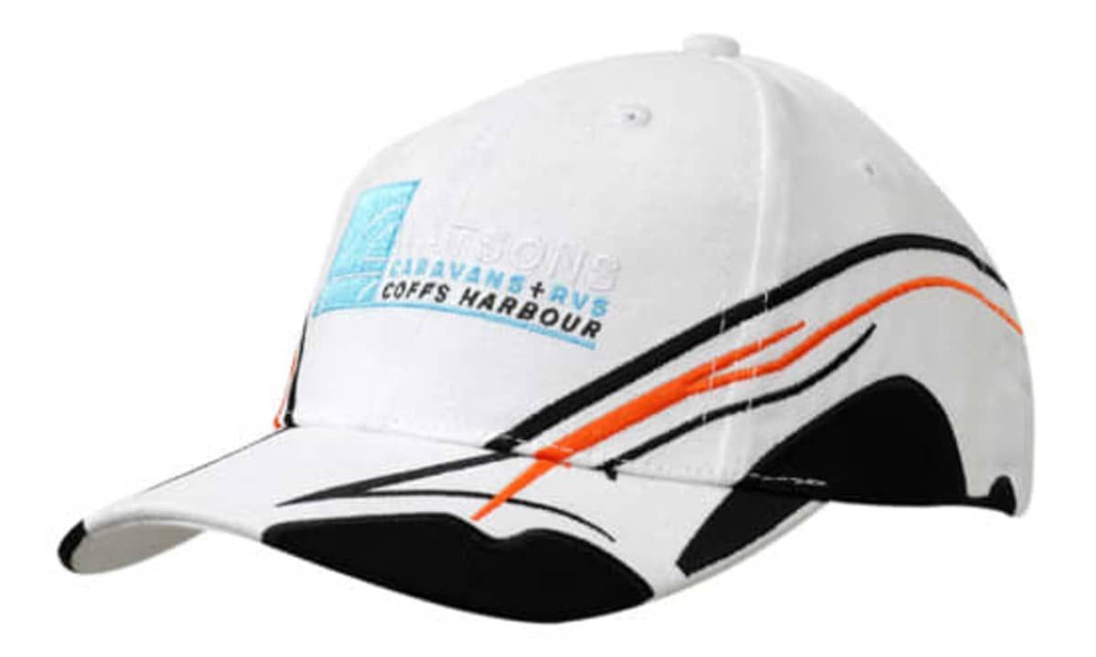 A white cap with black and orange design, featuring fabric inserts and embroidery on the crown and peak, along with a logo.