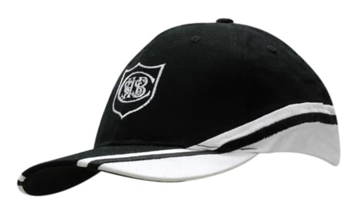 A black cap with white accents and a logo on the front, featuring a curved brim and crown inserts.