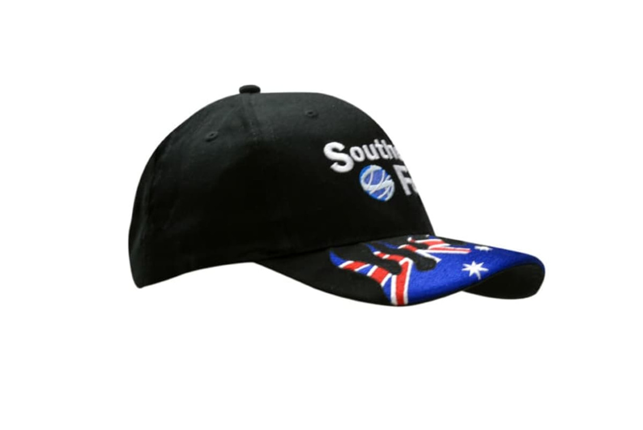 A black cap featuring Australia embroidery on the peak and a logo on the front. A black cap featuring Australia embroidery on the peak and a logo on the front.