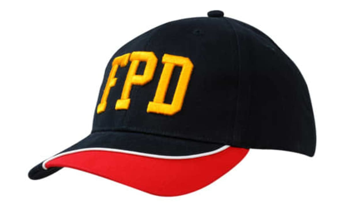 A black cap with red piping and a logo, featuring yellow embroidered letters on the front.