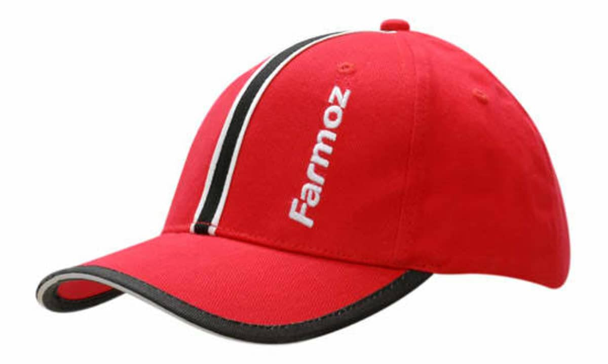 A red cap featuring a black peak trim and striped piping on the crown, with a logo on the front.
