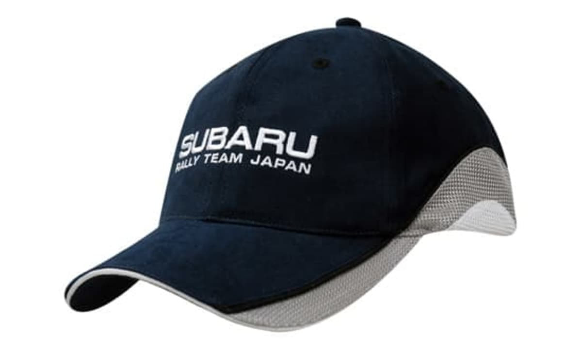 A navy blue cap featuring mesh inserts on the crown and peak, with a branded logo on the front.