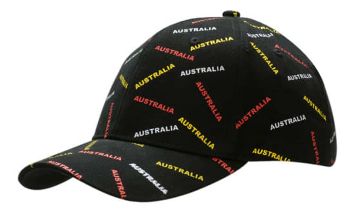 A black cap with an all-over print featuring the word "Australia" in red, yellow, and white. It has a logo on it.