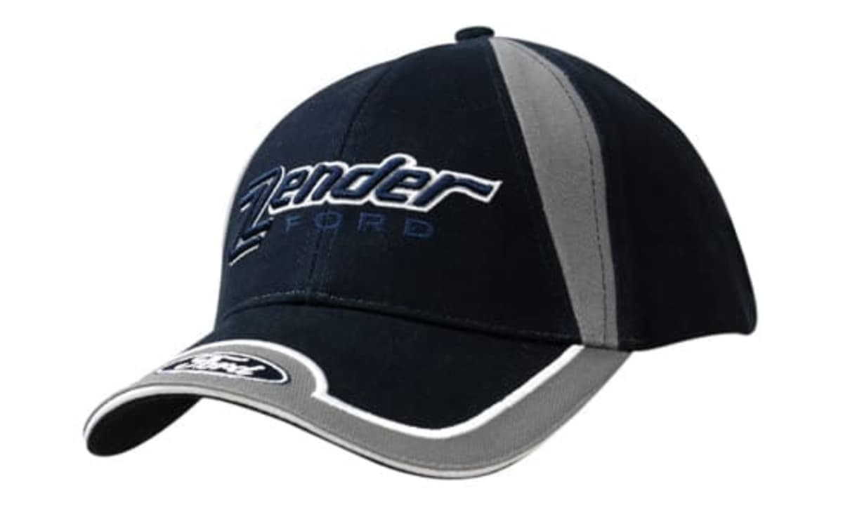 A navy cap with grey accents, featuring embroidery and a logo on the front panel and peak.