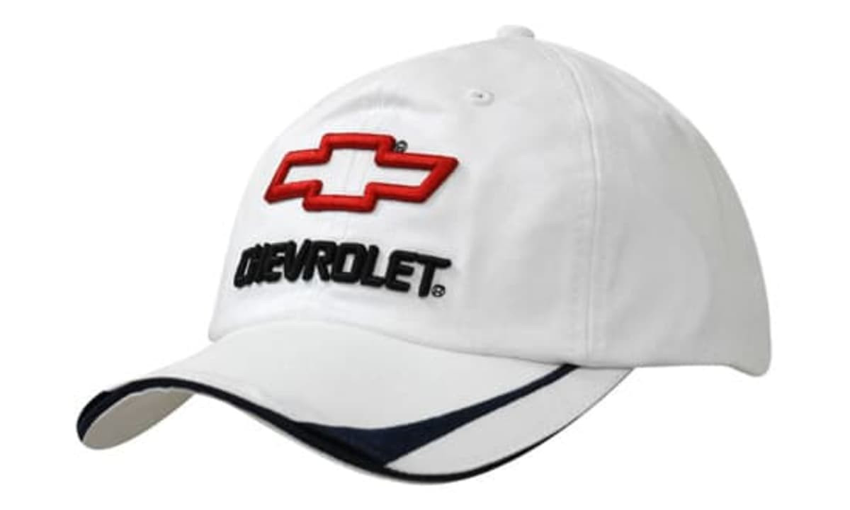 A white cap featuring navy trim and an embroidered logo, ideal for casual wear.